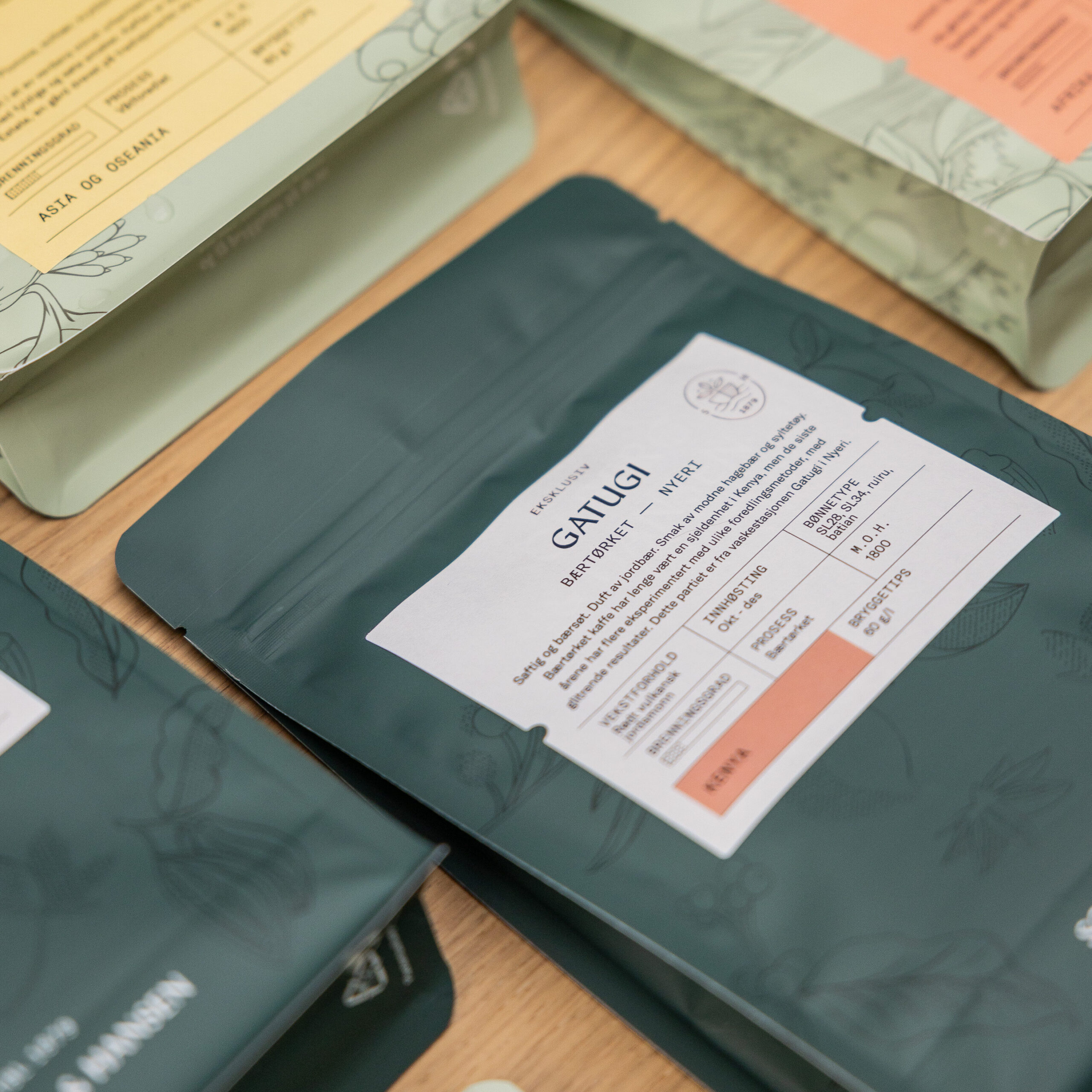 Mørkegrønn kaffepose fra Solberg & Hansen med hvit etikett som viser at dette er en bærtørket kaffe fra Gatugi i Kenya med smak av blant annet modne hagebær.